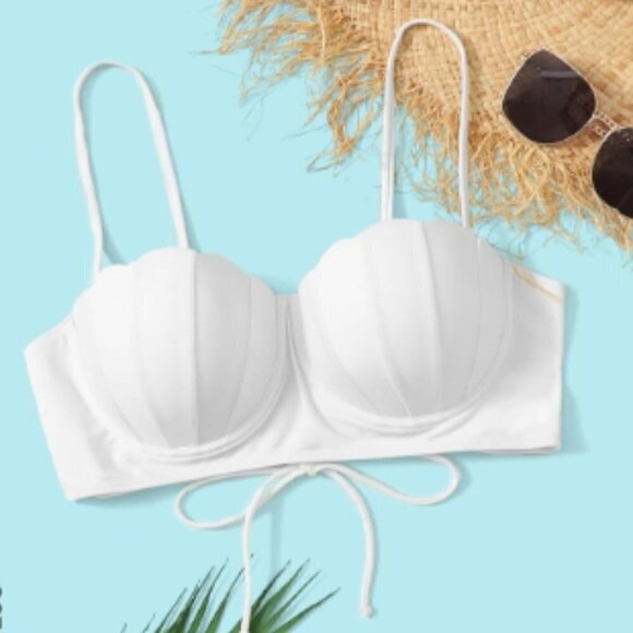 White 2-Piece Bikini High Waisted Scalloped Trim Balconette Push Up Top NWOT - Picture 1 of 13